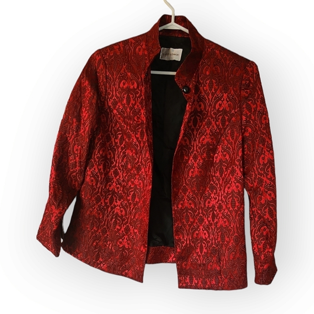 Draper's & Damon's Vintage Style Red Floral Jacquard Open Front Jacket